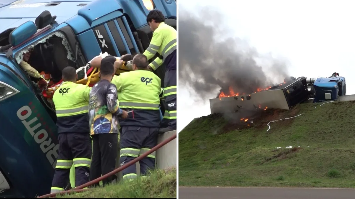 VÍDEO: passageira é retirada de ferragens de caminhão segundos antes de veículo pegar fogo, no Paraná