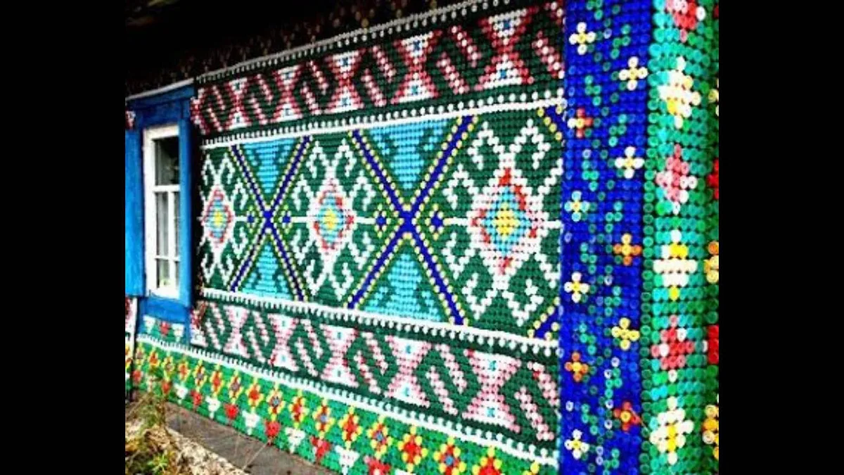 Bottle Caps Transform Home: Olga Kostina turns 30,000 into folk-art mosaic; remote house becomes landmark