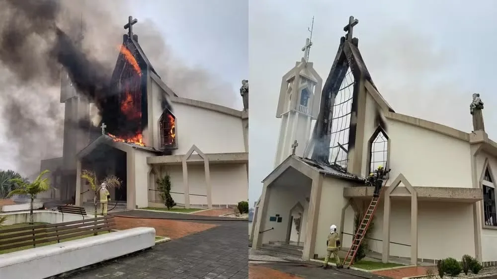 VÍDEOS: Incêndio destrói igreja após missa em Santa Catarina