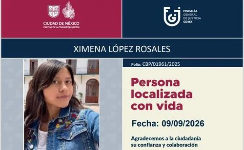 Hallan con vida a Ximena Lopez, desaparecida en 2025 en Tlalpan; FGJ ofrecía 250 mil por su localización