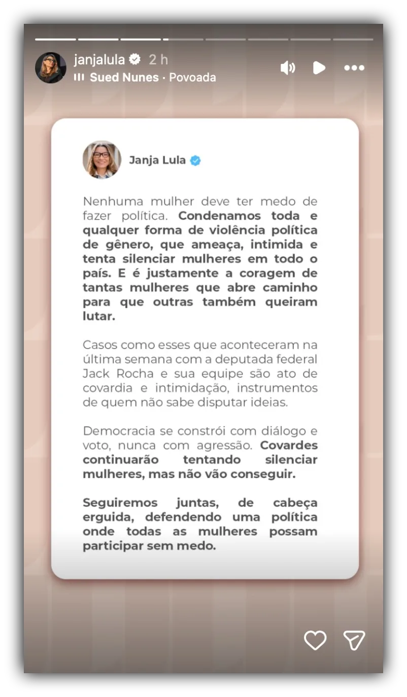 Janja diz que mulheres não devem ter medo de fazer política