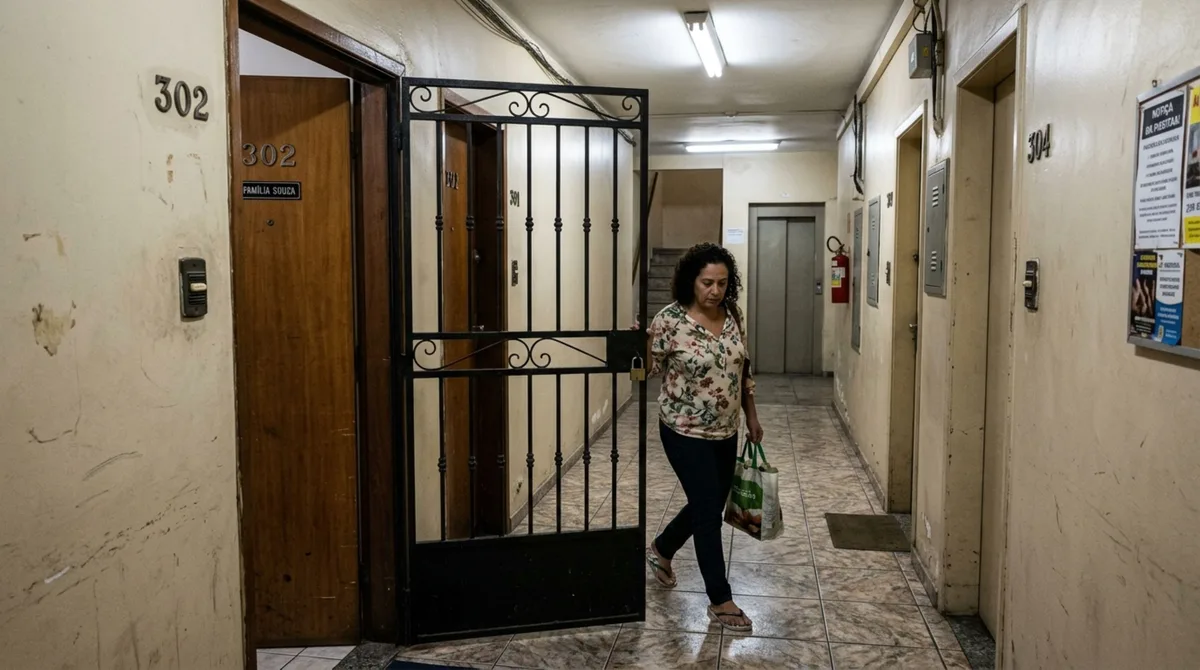 Família troca a porta do apartamento e instala grade de segurança avançando sobre o corredor, mas anos depois nova gestão confere as áreas comuns e exige que a estrutura seja reposicionada