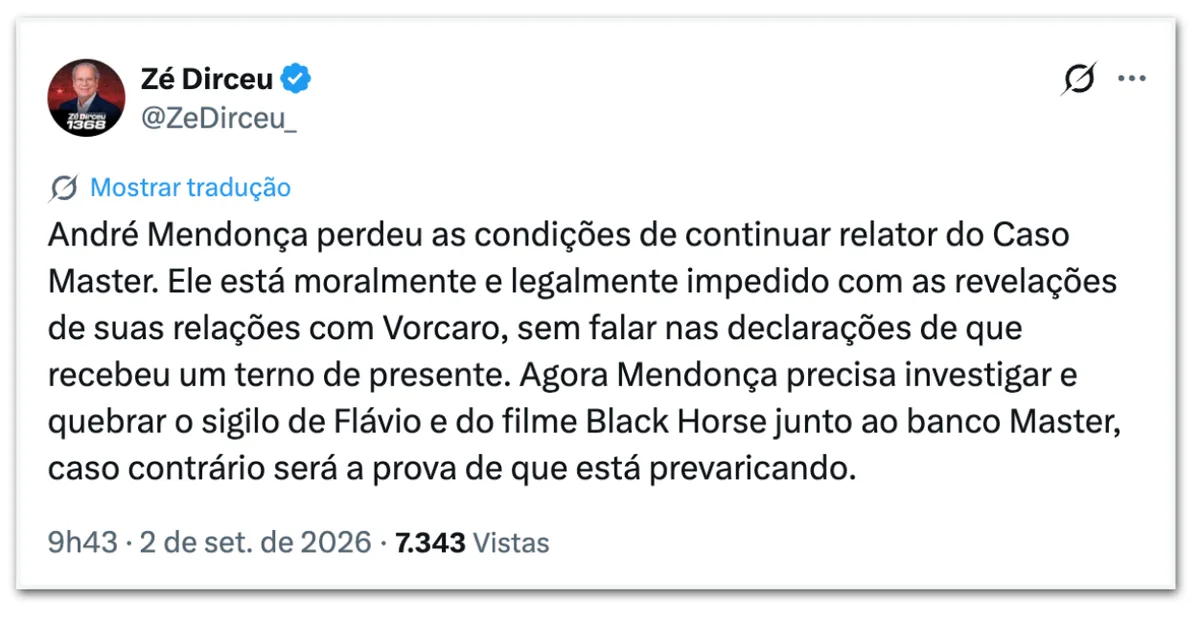 Petistas criticam Mendonça; Zé Dirceu pede afastamento do ministro