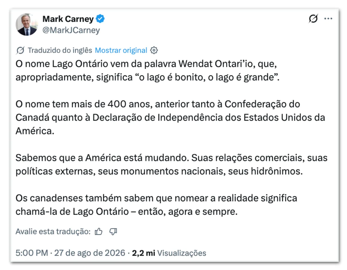 Canadá rejeita renomeação do Lago Ontário para “Lago América”