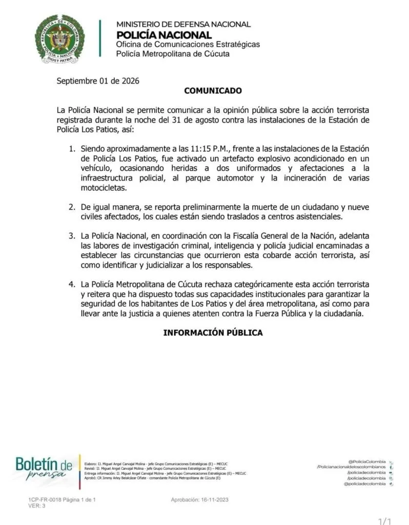 Detonan carro bomba ante una estación policial en el norte de Colombia