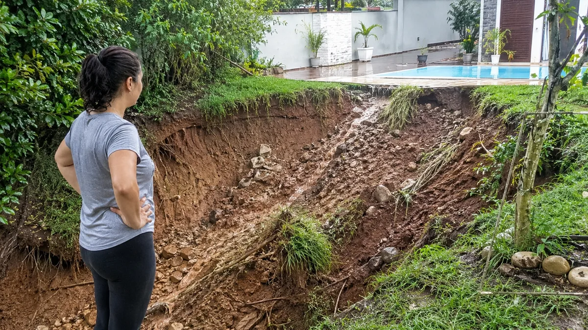 Vizinho esvazia piscina durante a madrugada e volume de água derruba parte do barranco da casa ao lado, proprietária exige nova contenção e ressarcimento dos danos