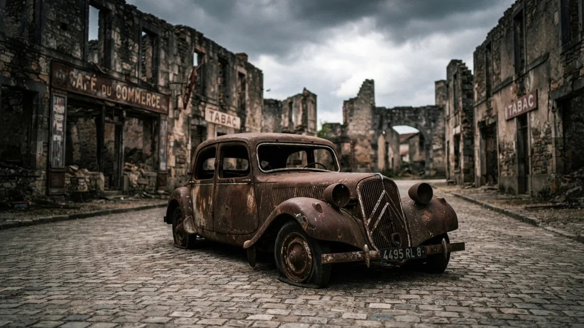 A França decidiu não reconstruir este vilarejo depois de 1944, deixando carros, fachadas e edifícios destruídos no lugar para que as próprias ruínas continuassem contando a história
