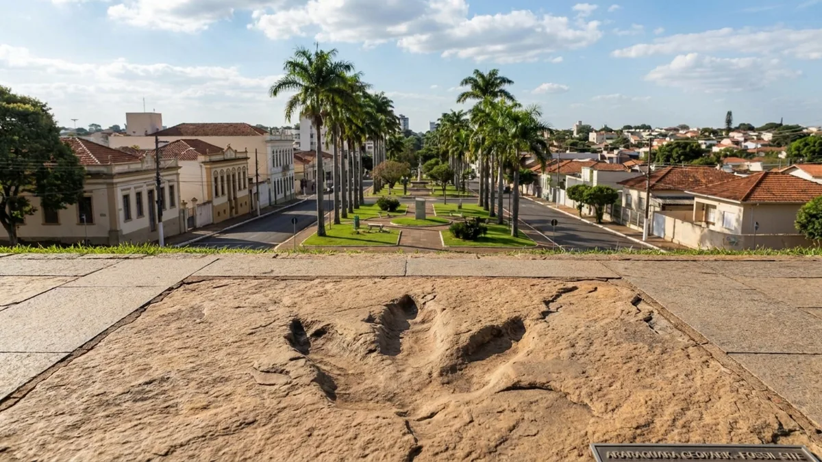 Pegadas fósseis de 130 milhões de anos aparecem nas calçadas da 3ª cidade de médio porte com melhor qualidade de vida do Brasil