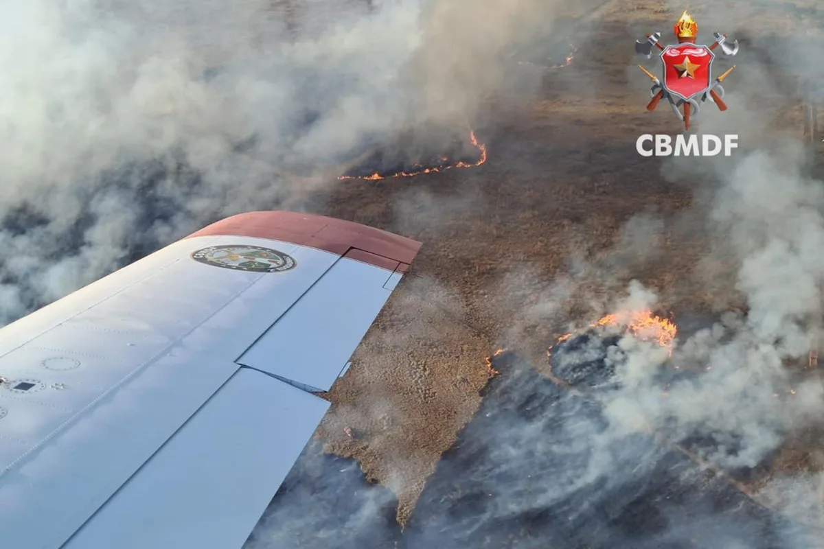 Imagens aéreas mostram incêndio destruindo vegetação no DF