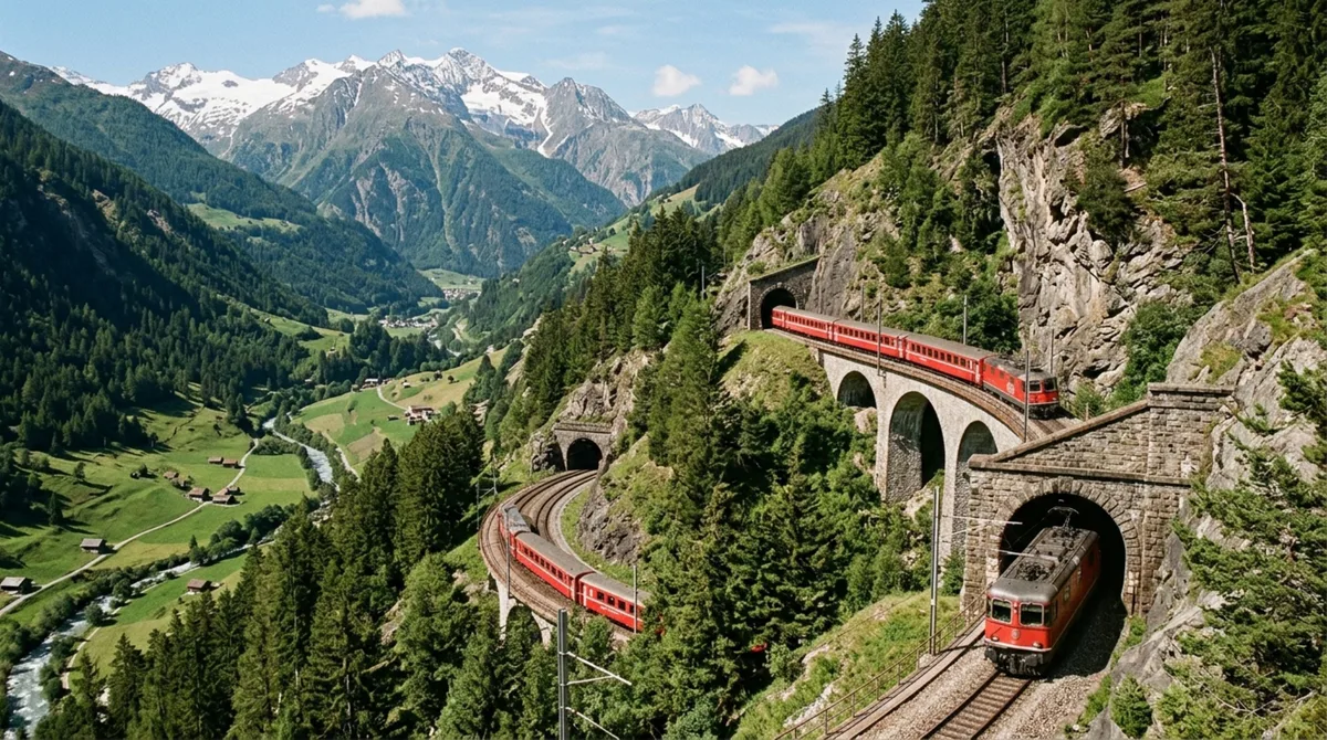 A ferrovia em formato de caracol que entra na montanha e reaparece vários metros acima nos Alpes suíços