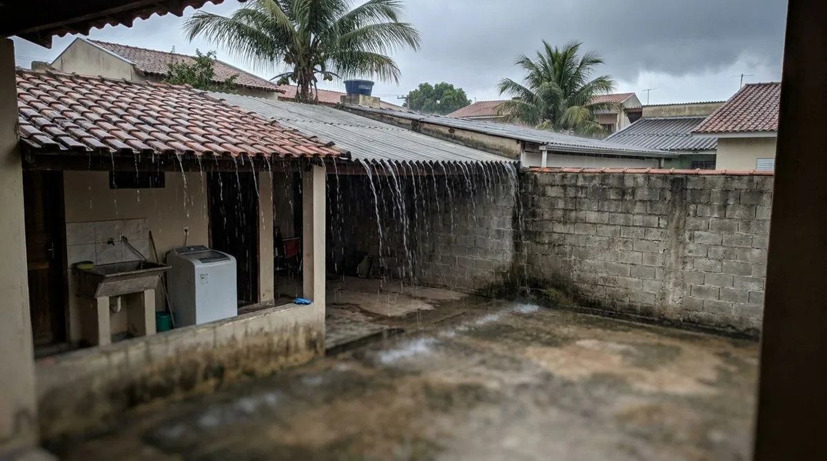 Família cobre o quintal com telhas para proteger a lavanderia, e a primeira tempestade joga toda a água sobre a garagem vizinha