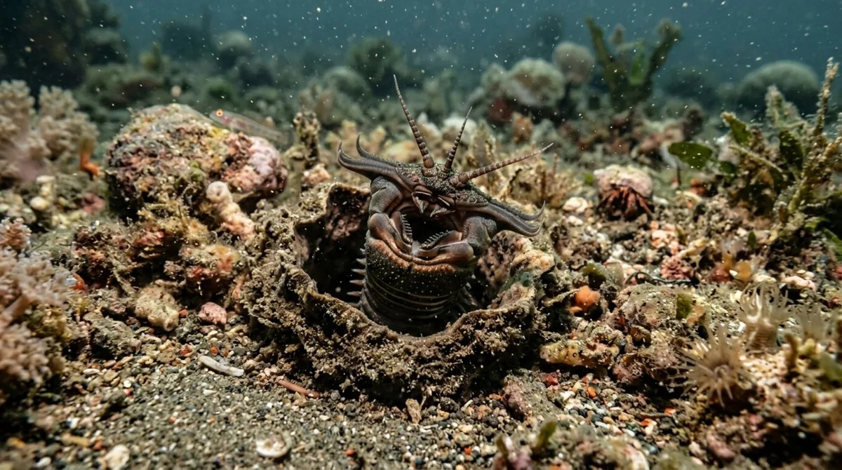 Enterrado quase completamente sob a areia, um predador marinho pode permanecer escondido até detectar uma presa acima dele e lançar parte do corpo para fora em um ataque tão rápido que pequenos peixes quase não têm tempo de reagir