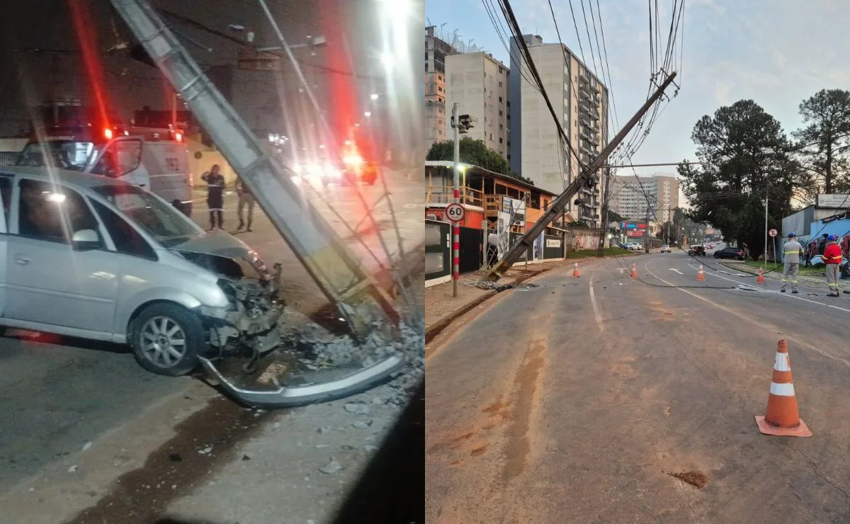 Motorista se perde na curva, bate em poste e trânsito é interditado no Novo Mundo, em Curitiba