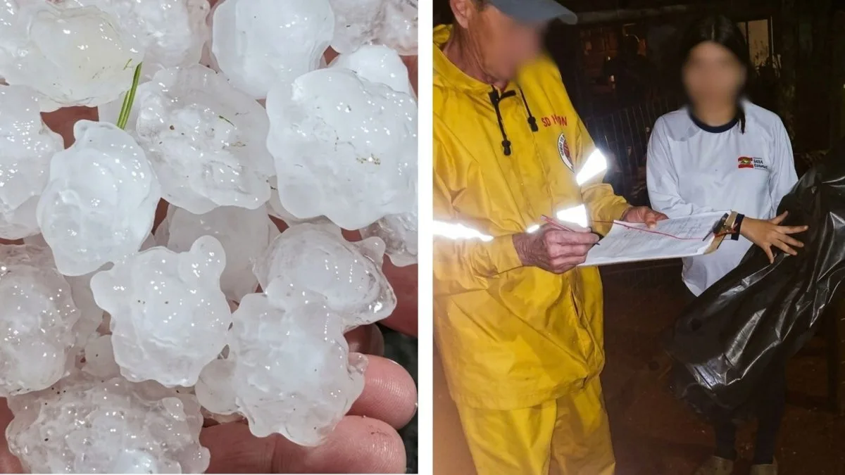 Temporal com granizo danifica casas e 400 metros de lonas são distribuídos em SC