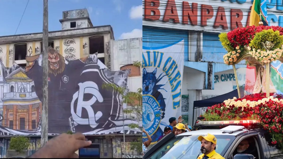 Círio: Com bandeirão e faixas, torcidas de Remo e Paysandu caminham juntas atrás da berlinda