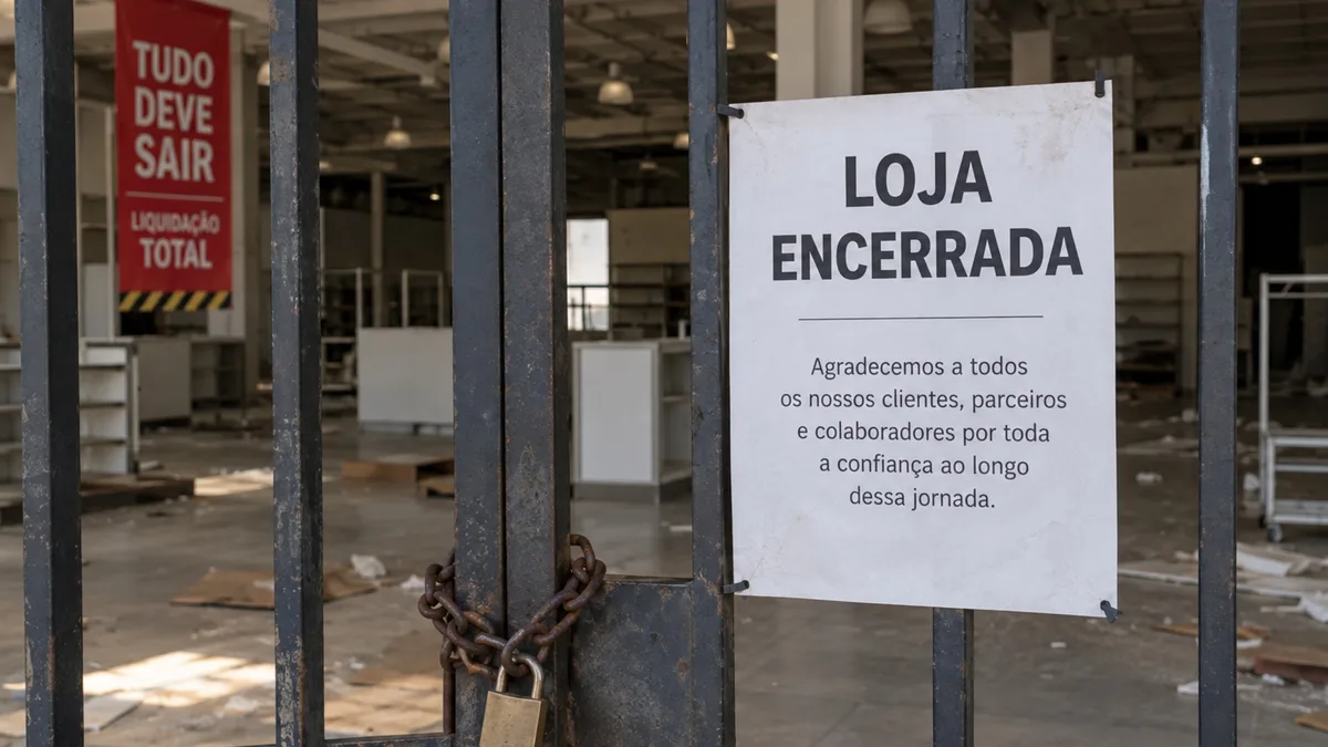 Um aviso colado no portão encerrou 34 anos de história de uma só vez: fábricas e 24 lojas pararam e mais de 500 trabalhadores descobriram que não voltariam ao trabalho