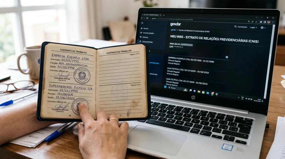 Trabalhador pede aposentadoria pelo INSS, ao analisar o pedido servidor questiona anos que não aparecem no sistema, homem apresenta carteira de trabalho e afirma ter trabalhado registrado durante todo o período