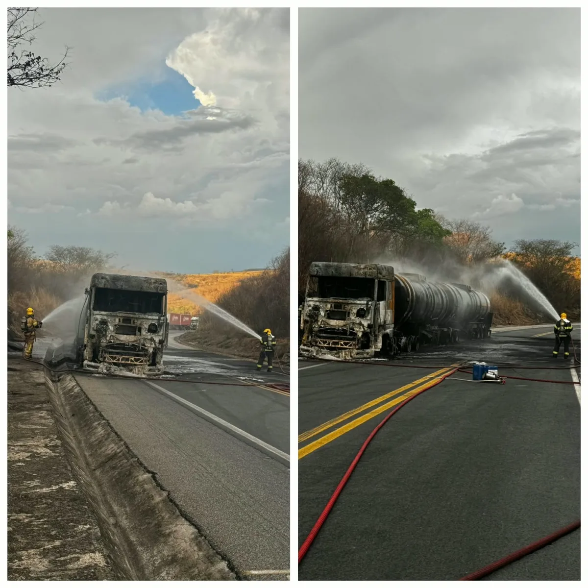 BR-251 tem trânsito parcialmente liberado após carreta com diesel pegar fogo