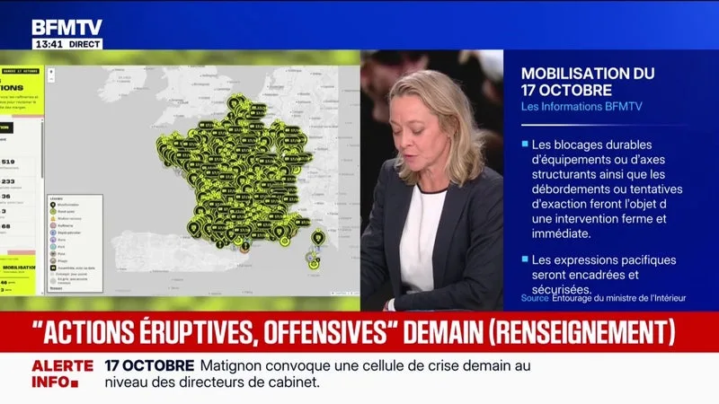 17 octobre: le ministère de l'Intérieur évoque 500 actions envisagées et plus de 90 manifestations à travers la France