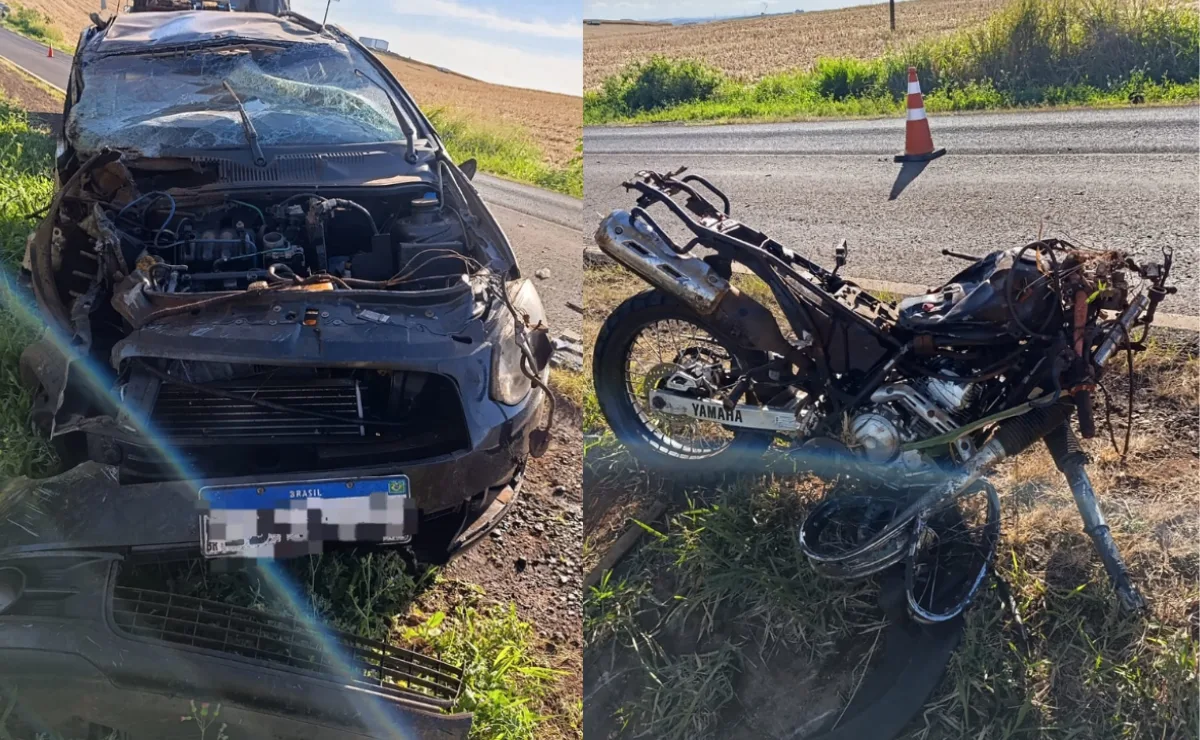 Duas pessoas morrem e cinco ficam feridas em acidente com colisão frontal entre carro e moto na PR-436