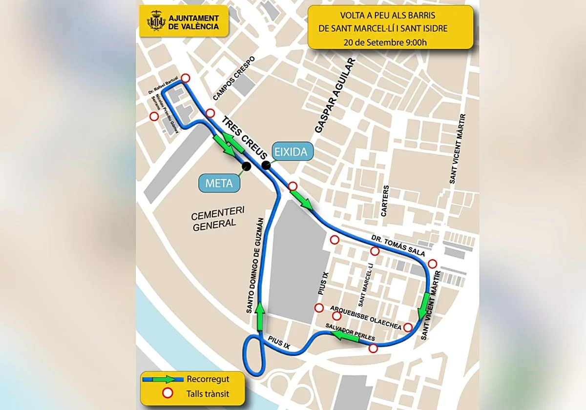 Calles cortadas y líneas de la EMT desviadas en Valencia el domingo 20 de septiembre por la Volta a Peu San Marcelino y San Isidro