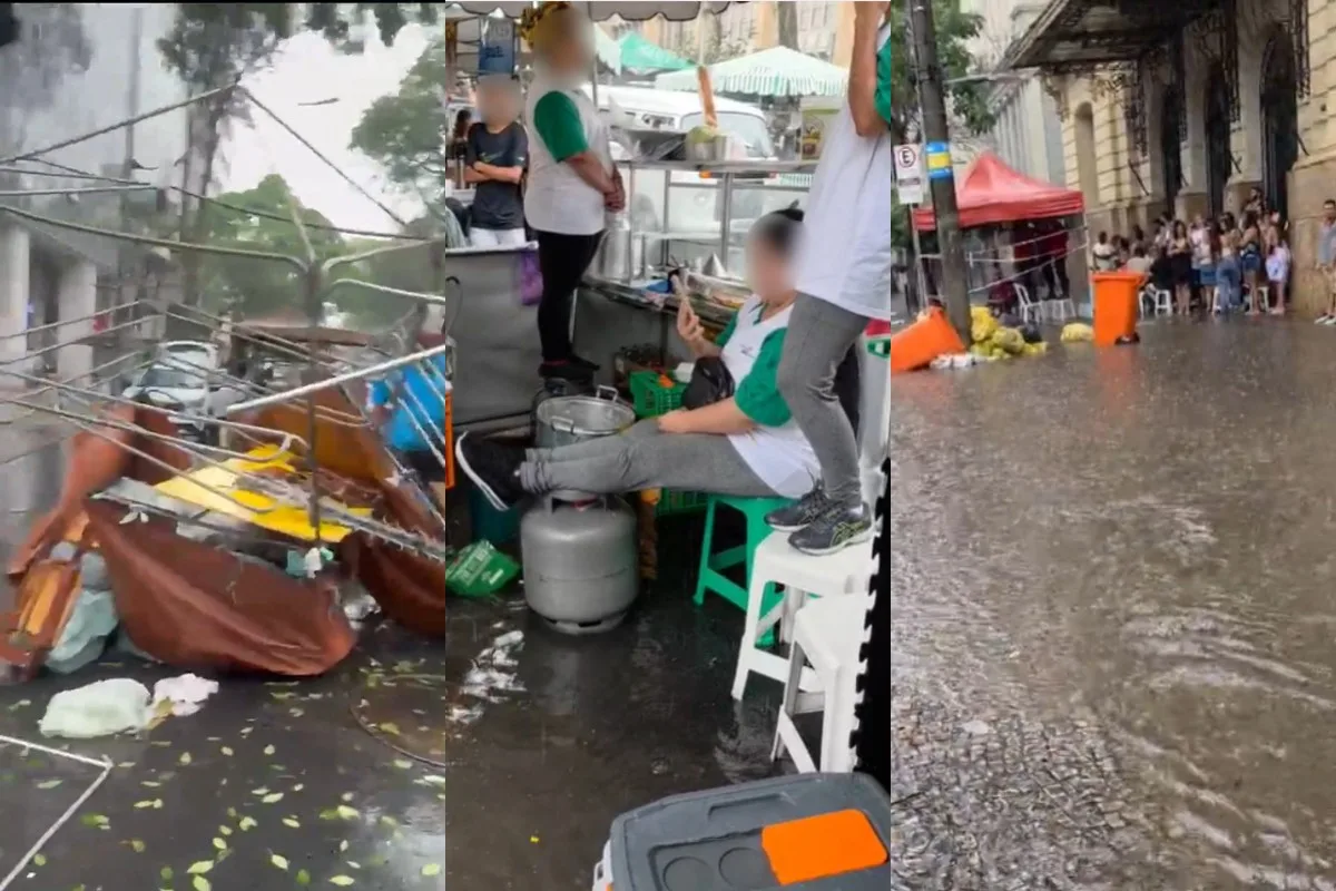 Chuva forte em BH deixa barracas destruídas e comerciantes da Feira Hippie ilhados