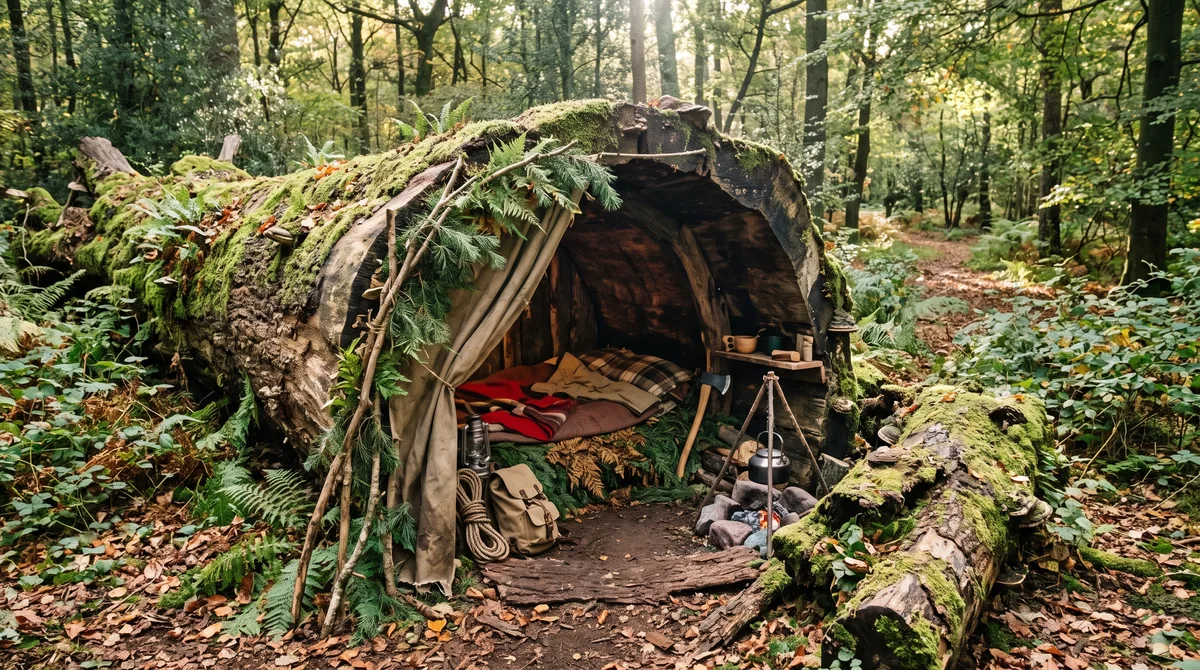 Ele construiu um abrigo secreto na floresta dentro de um tronco de árvore oca usando técnicas especiais de bushcraft