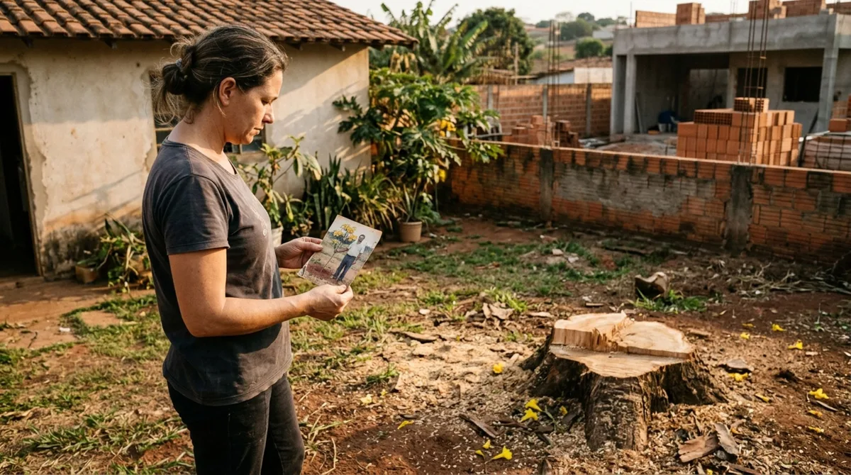 Mulher encontra o ipê plantado pelo pai cortado para facilitar a obra do vizinho, exige indenização e reúne fotografias antigas para comprovar a localização e o porte da árvore