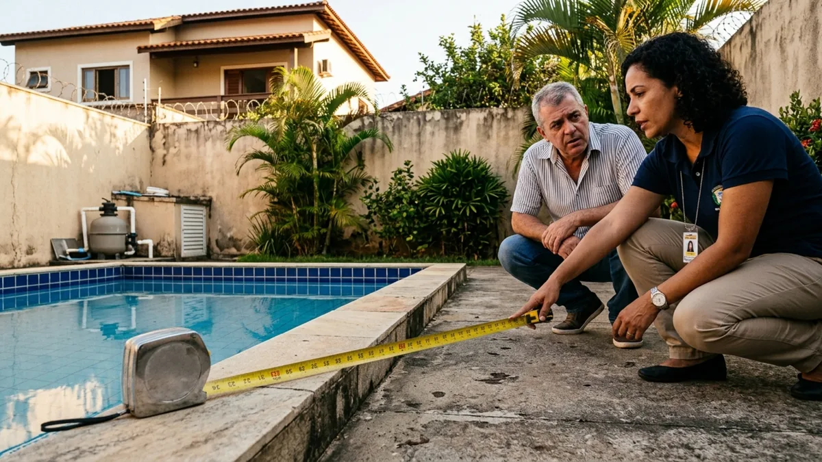 Família coloca casa à venda e levantamento do terreno mostra que parte da piscina foi construída 35 centímetros dentro do lote vizinho
