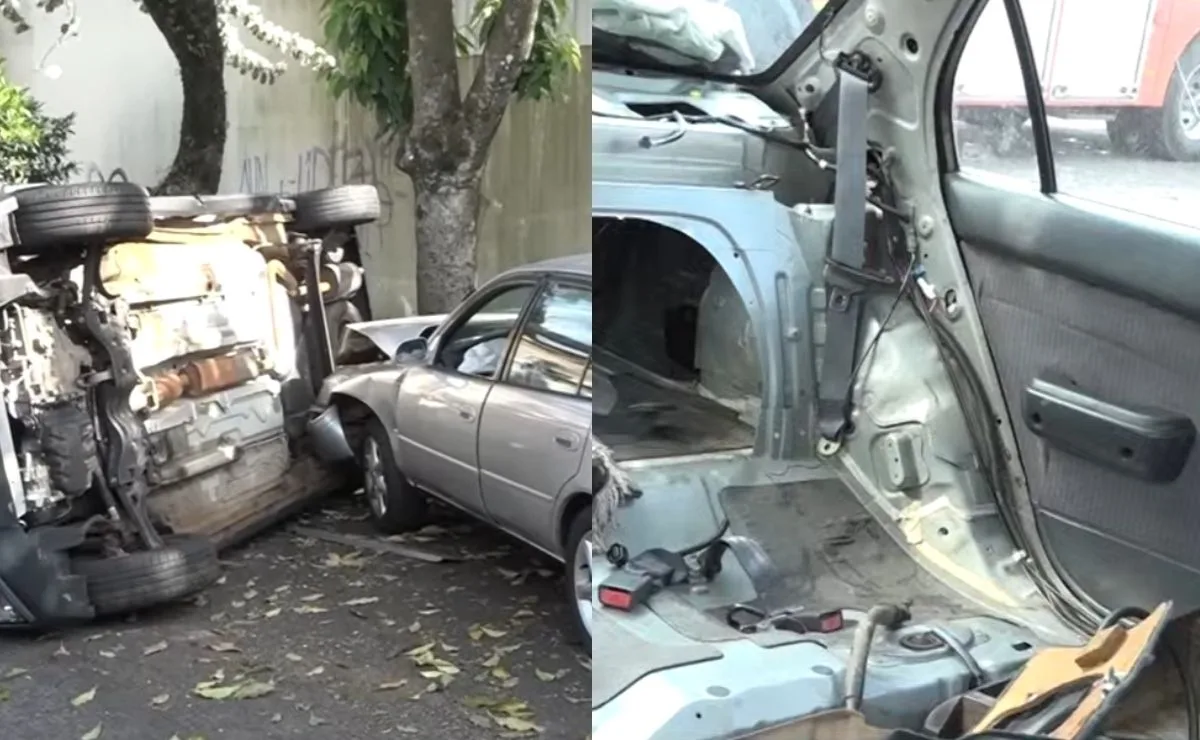 “Gambiarra no volante”: carro sem bancos se envolve em acidente que fez picape tombar em Cascavel; assento era de madeira
