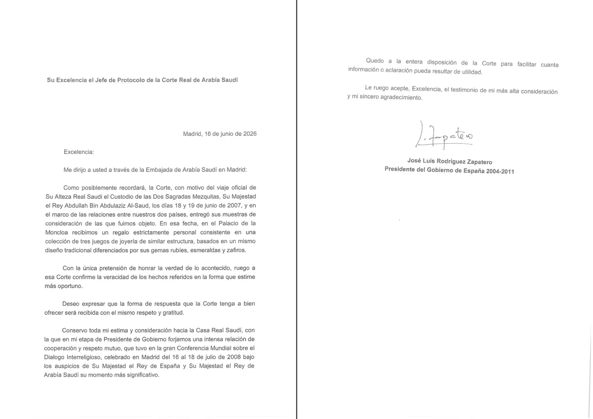 La carta de Zapatero a Arabia Saudí para que “confirme” su versión sobre las joyas: “Recibimos un regalo estrictamente personal”