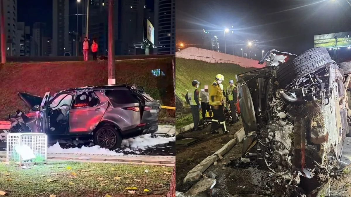 Carro de luxo ‘voa’ na BR-101 após colisão, capota e motorista é resgatado por pessoas ao começar incêndio no veículo em Balneário Camboriú