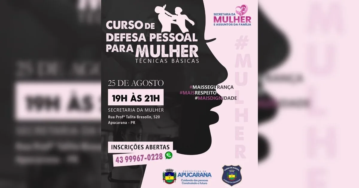 Apucarana oferece curso gratuito de defesa pessoal para mulheres