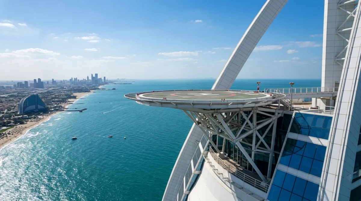 A plataforma de aço suspensa a 210 metros de altura na lateral de um dos hotéis mais famosos de Dubai