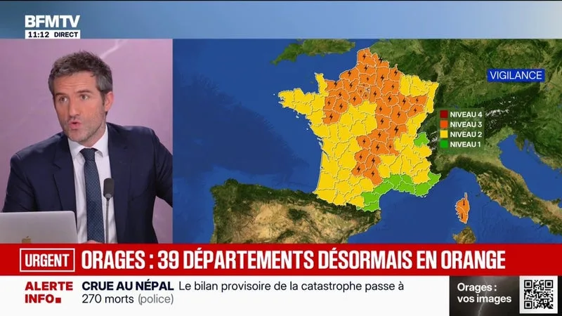 Orages: 39 départements placés en vigilance orange