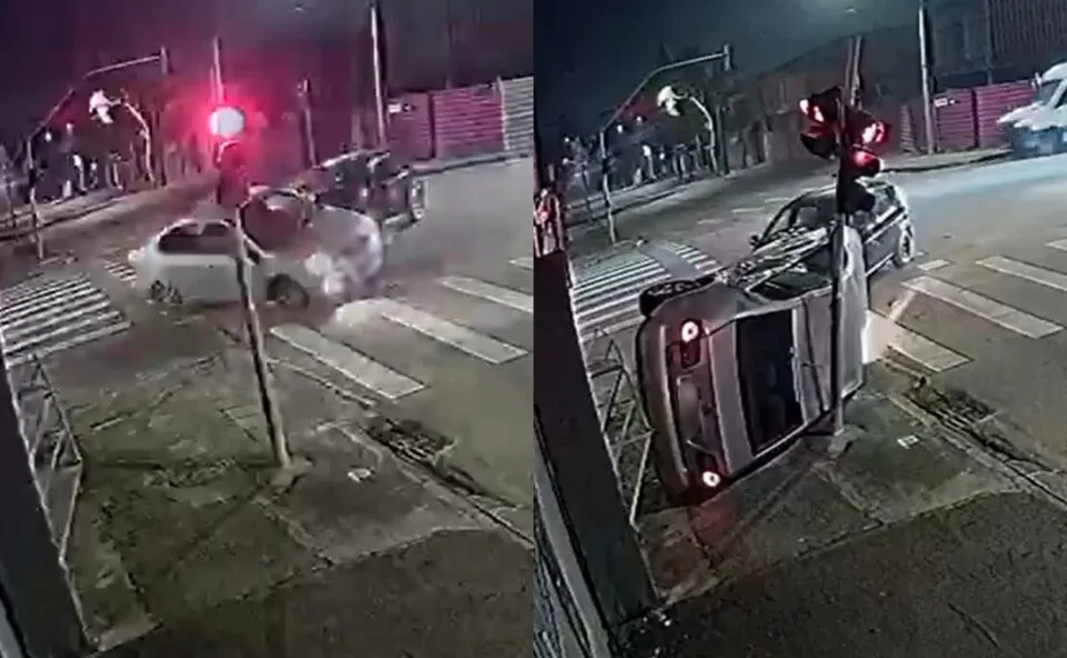 Vídeo mostra momento em que carro é atingido e tomba até bater em poste em acidente no Pinheirinho, em Curitiba; assista