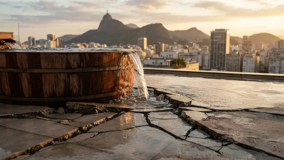 Dono de cobertura de luxo instala ofurô de 2 mil litros sem consultar engenheiro estrutural e laje cede, interditando os três últimos andares do edifício