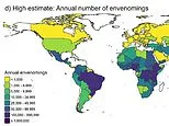 World's snake attack hotspots revealed: Map shows the countries with the most encounters - and Australia doesn't even make the top 20