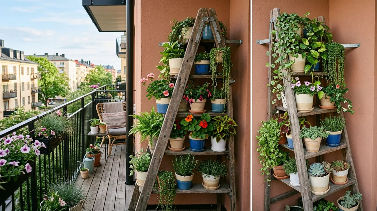 Como eu transformei uma escada de madeira velha em um jardim vertical para preencher a varanda com uma decoração com cara de projeto de paisagista