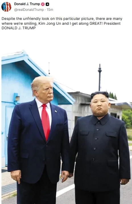 “우린 잘 지내”… 김정은과 찍은 사진 또 올린 트럼프