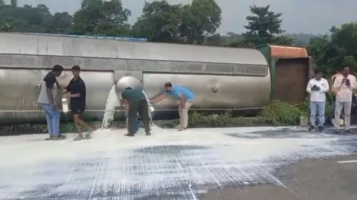Video: Highway 'Whitewashed' After Milk Tanker Overturns In Maharashtra