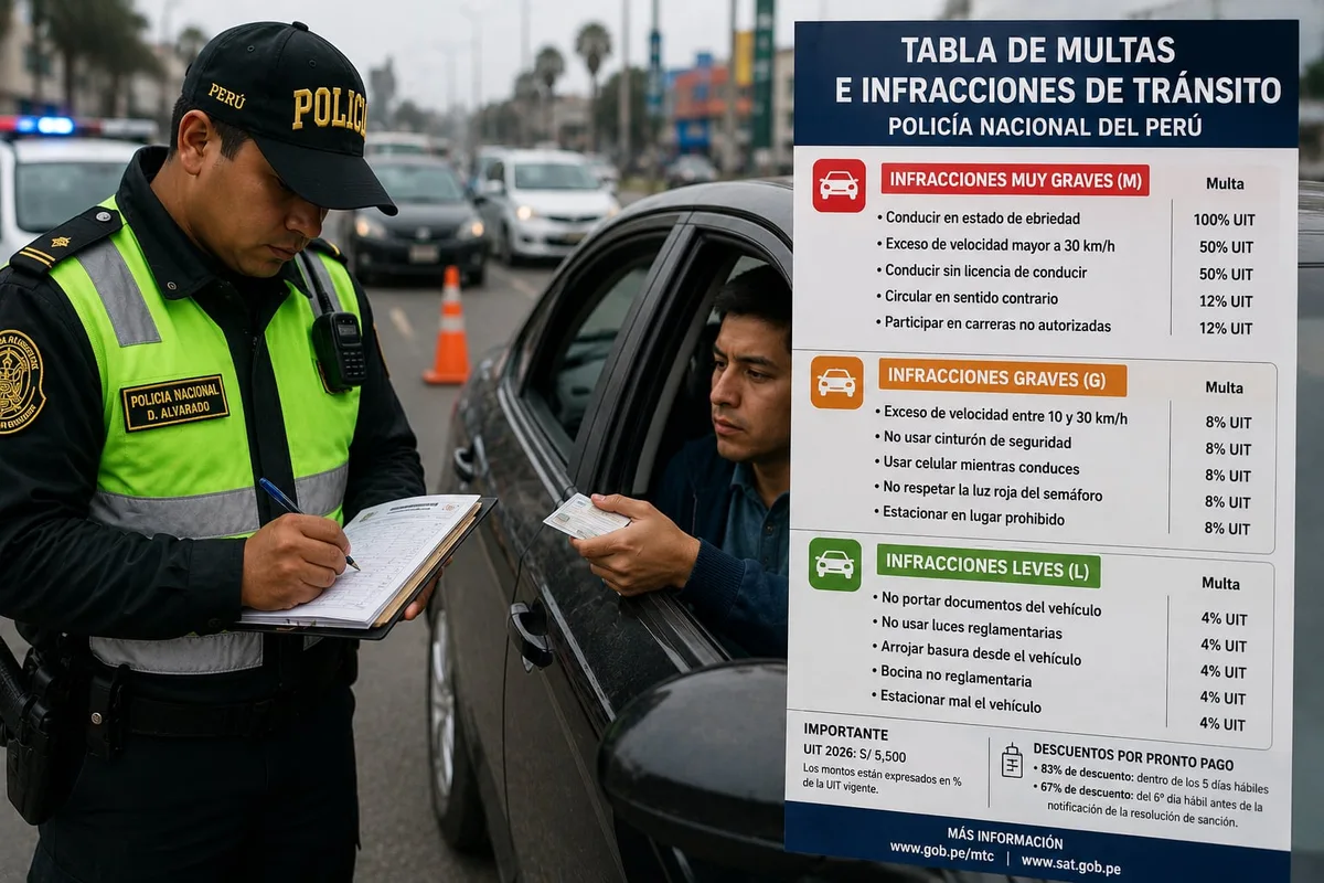 Multas de tránsito 2026 en Perú: tabla completa de infracciones que la PNP te puede poner y cuánto debes pagar