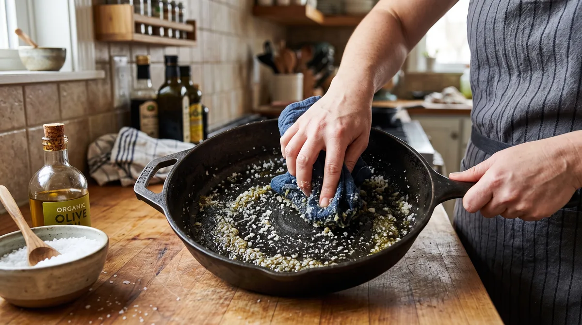 Esfregar azeite com sal grosso nas panelas de ferro fundido: por que essa combinação simples recupera o revestimento e deixa a panela protegida contra ferrugem