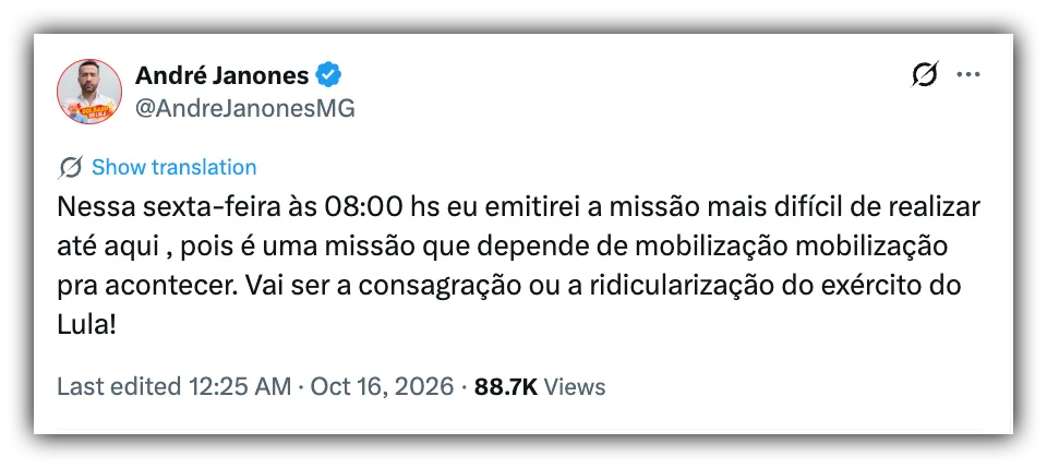 Janones convoca Exército do Lula a postar foto de verde e amarelo