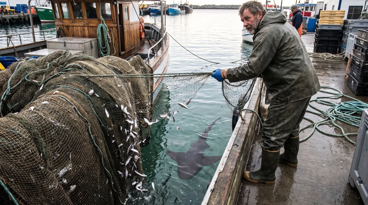 Durante dois meses limpando redes no mesmo píer, pescador começa a reconhecer um tubarão-lixa pela cicatriz branca perto da nadadeira e percebe que o animal aparece quase sempre depois que os barcos retornam, até que a marina muda o descarte dos restos de peixe e o tubarão deixa de se aproximar por 18 dias