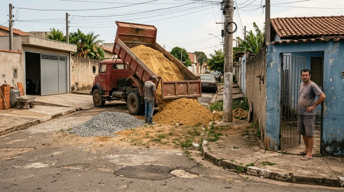 Família encomenda areia e brita para reformar a garagem, descobre que o caminhão descarregou tudo no terreno ao lado e recebe uma cobrança para retirar o material, mas o pedido de compra registra um endereço diferente daquele usado pelo motorista