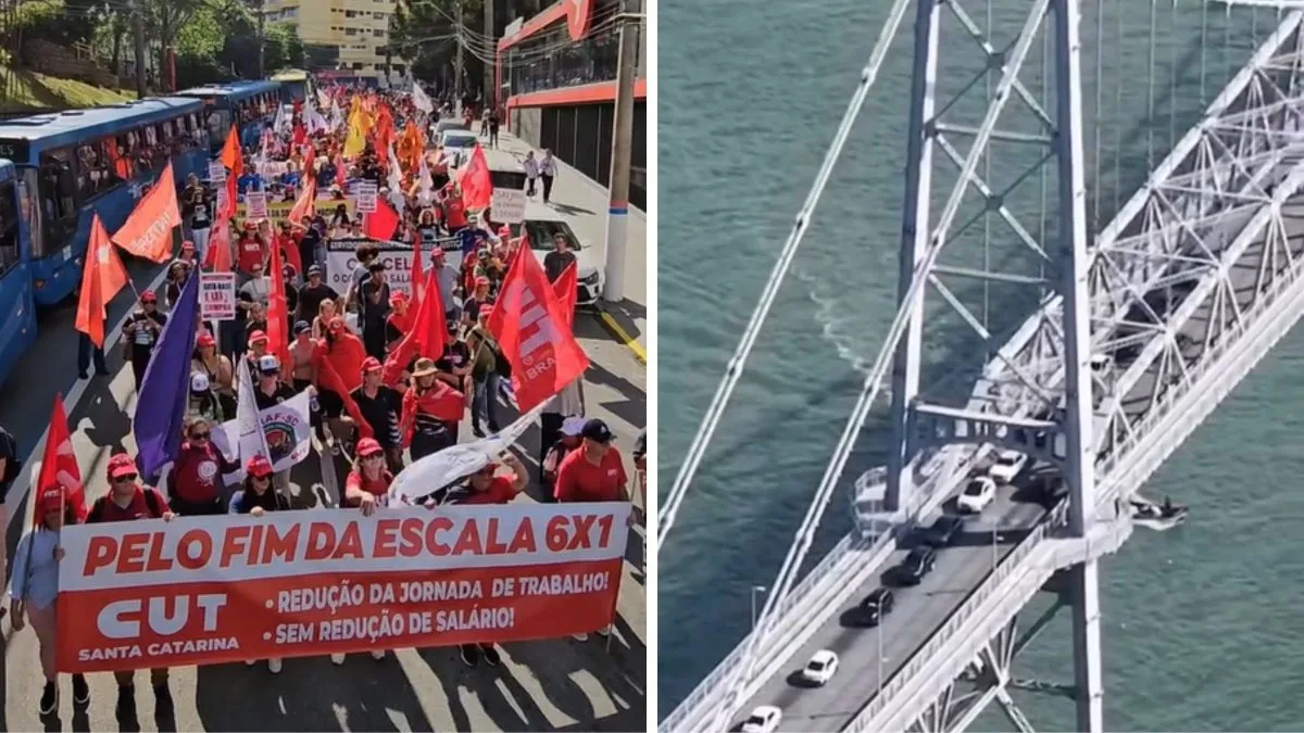 Marcha pelo fim da escala 6×1 bloqueia o trânsito na Ponte Hercílio Luz em Florianópolis