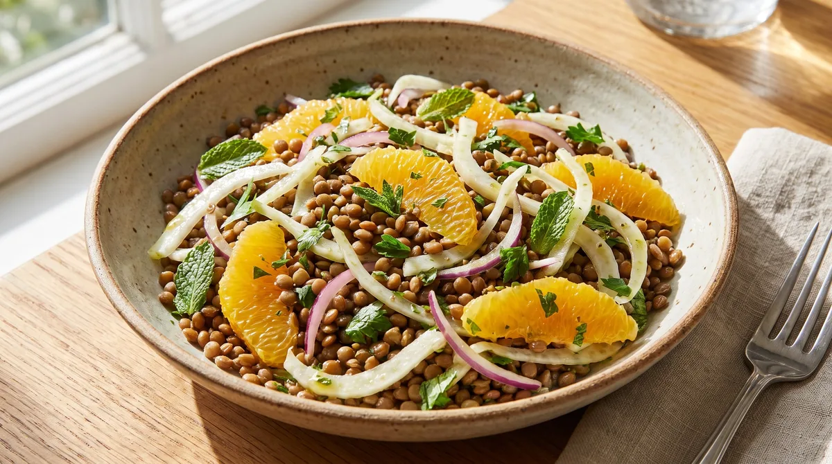 Receta de ensalada de lentejas, hinojo y naranjas, rápida y fácil