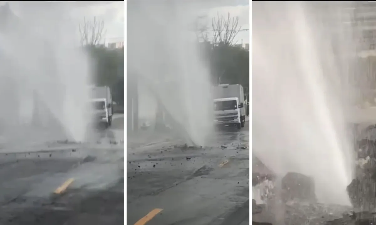 Vazamento forma chafariz em rua do Butantã, Zona Oeste de SP