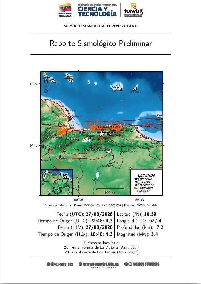Funvisis registra sismo de magnitud 3,4 en Aragua